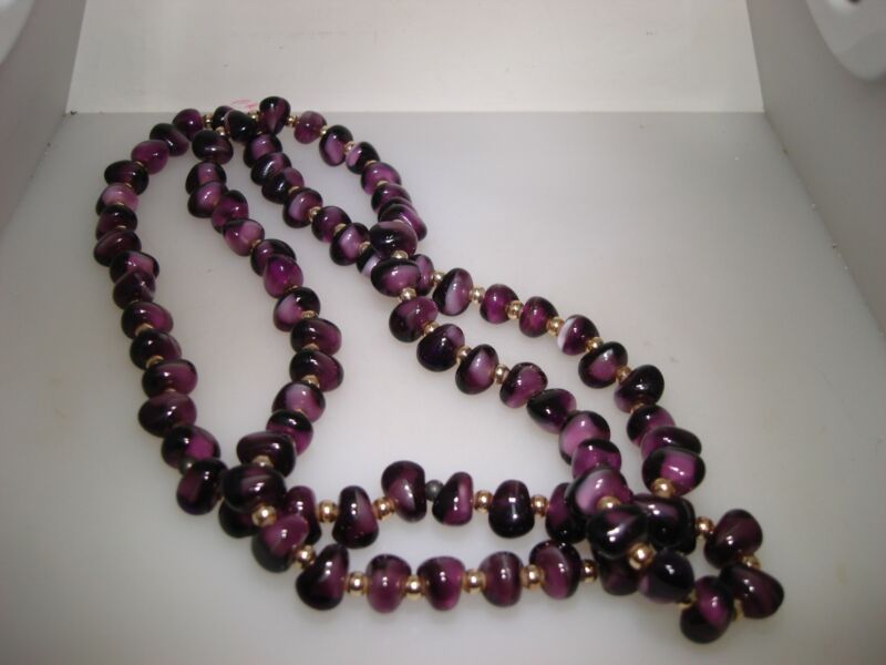 Vintage Purple Agate Necklace - 32 Inch Statement Piece | Gold Accents
