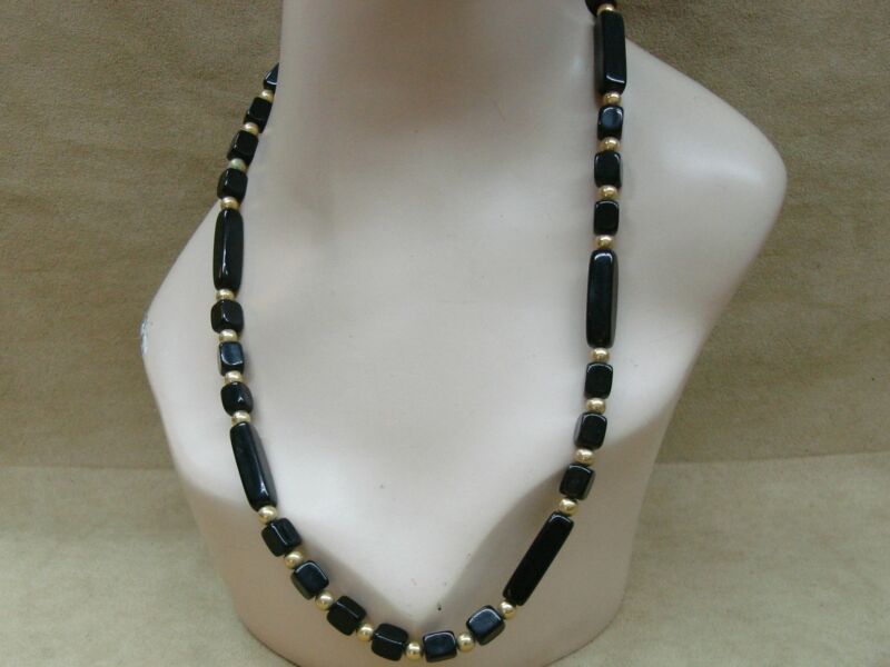 Vintage Trifari Black Lucite & Gold Bead Necklace (1970s)