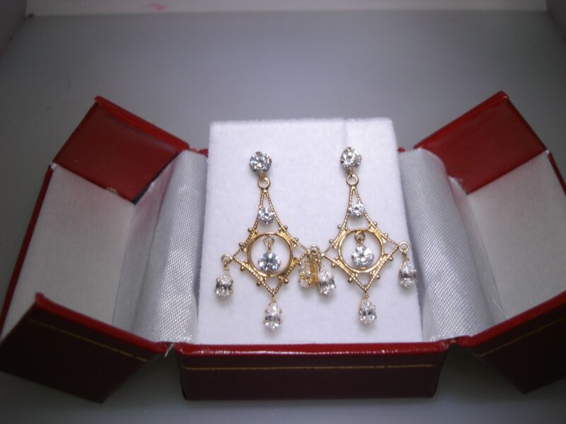 14K Gold Filigree Chandelier Earrings with Cubic Zirconia