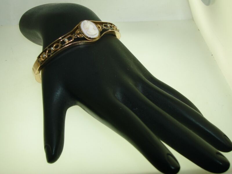Antique Victorian Cameo & Seed Pearl Bangle Bracelet - C.M.S. & Co.
