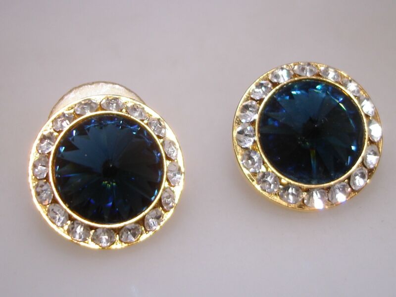 Vintage blue Rivoli and clear rhinestone dangle earrings in gold tone
