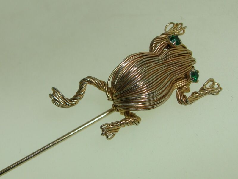 Vintage wire-wrapped frog stick pin with rhinestone eyes