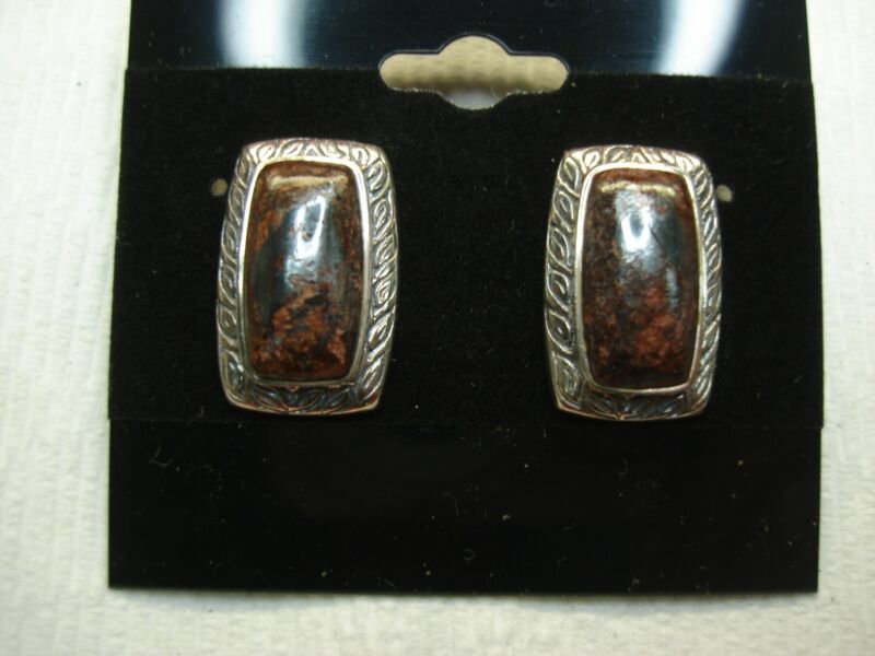 Sterling silver jasper stud earrings, natural stone, pre-owned (excellent condition)