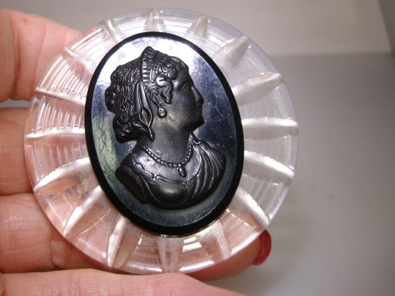 Vintage 1930s Art Deco Lucite Cameo Pin - Black Faux Portrait