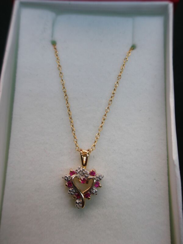 Gold Vermeil Sterling Silver Red Stone & Diamond Heart Pendant Necklace