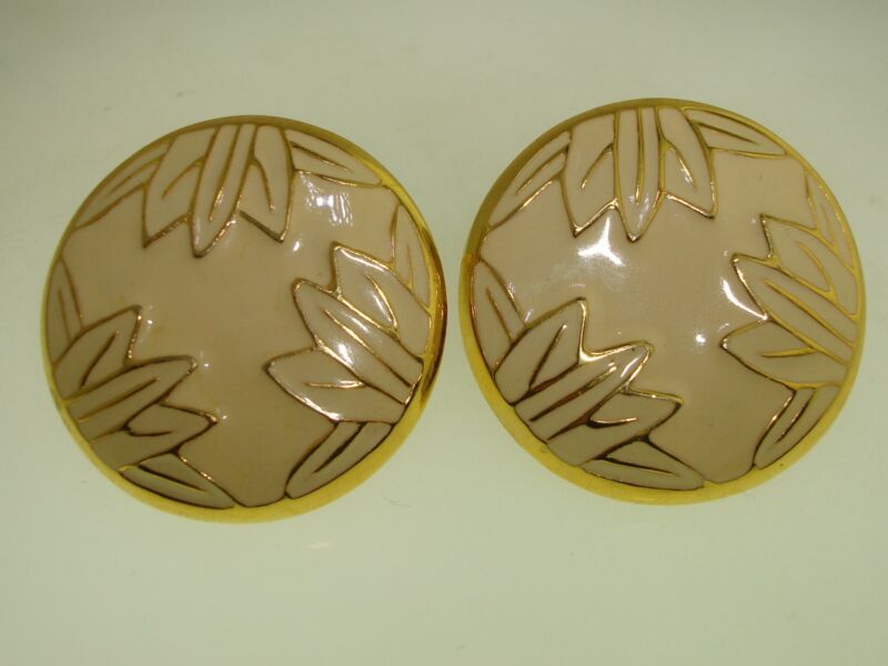 Vintage Alexis Kirk gold enamel clip-on earrings, 1970s-80s, large beige and gold leaf design