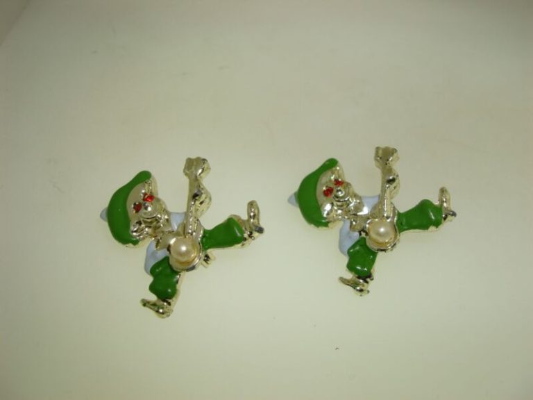 Pair of vintage enamel pixie guitar pins, 1950s