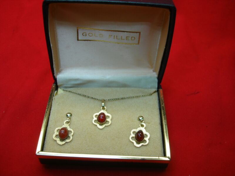 Vintage 12K gold filled carnelian scarab necklace and earring set