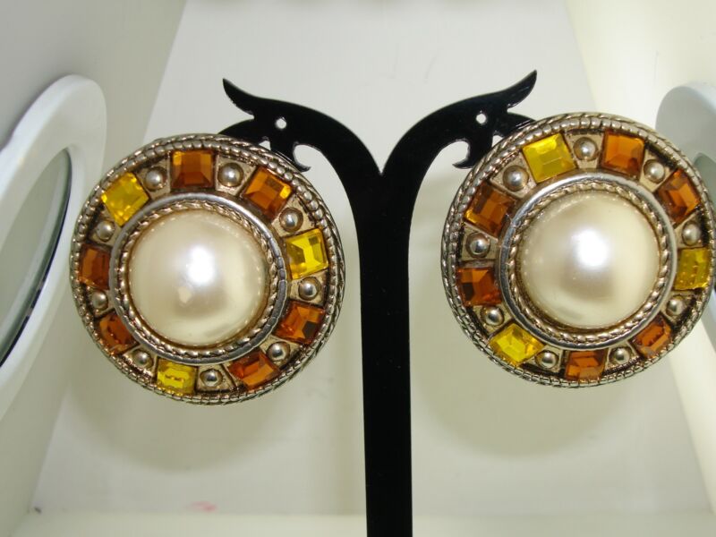 Vintage 1960s faux pearl and glass topaz clip-on earrings
