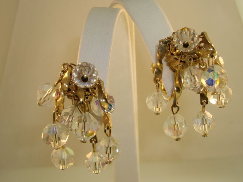 Vintage AB crystal dangle earrings, gold tone clip-on, 1960s-70s