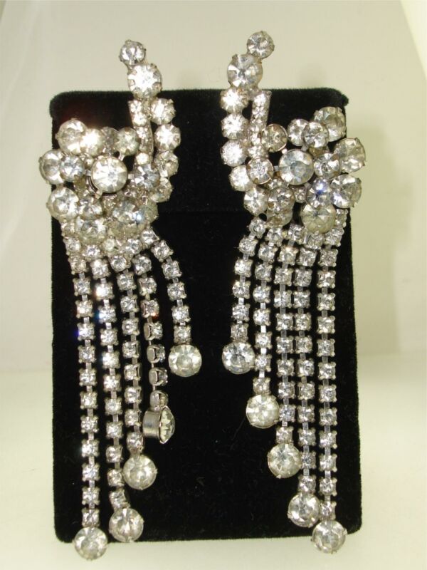 Vintage 1960s rhinestone dangle earrings, 4 inches long