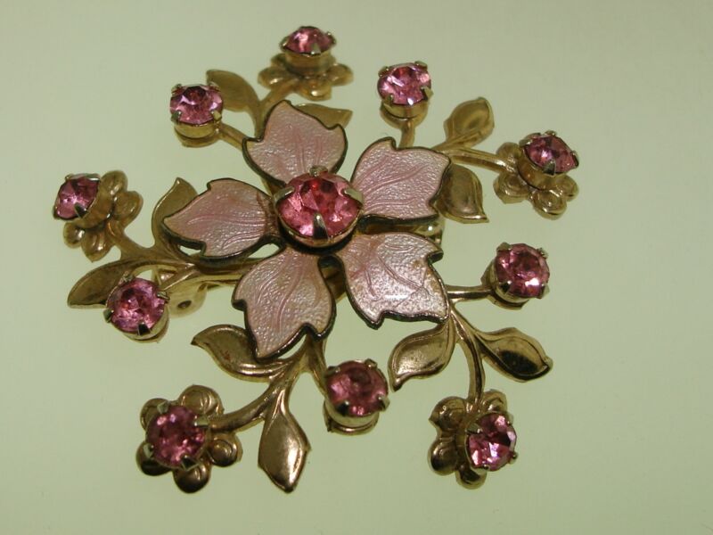 Vintage pink rhinestone and cloisonne enamel flower brooch pin from the 1940s-50s