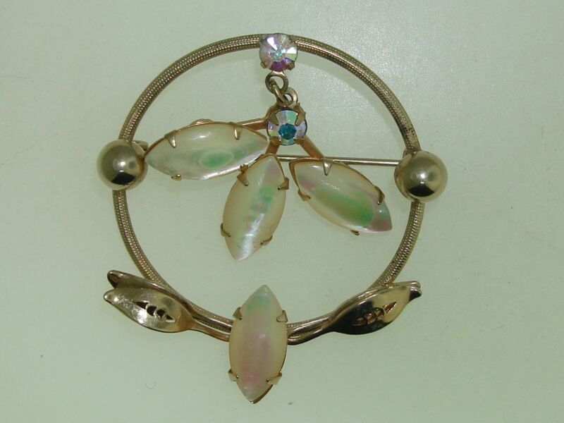 Vintage 1940s gold tone rhinestone and MOP dangle pin brooch, Art Deco design