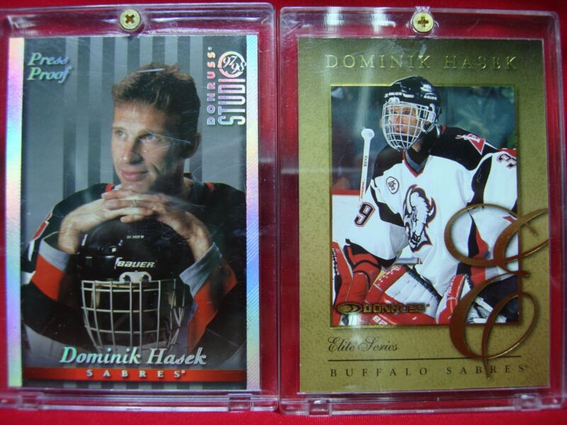 Rare Dominik Hasek hockey cards: Donruss Elite Gold and Studio Press Proof