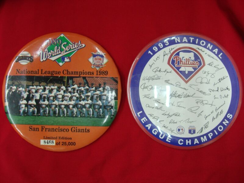 Vintage MLB buttons commemorating the 1989 San Francisco Giants World Series win and the 1993 Philadelphia Phillies NLCS