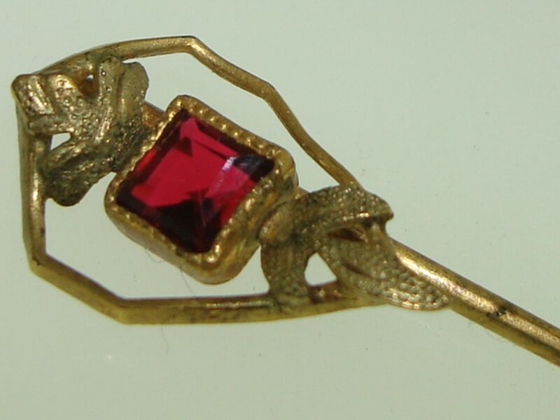 Antique Art Nouveau Stick Pin by G.L.P. Co. - Green Gold Oak Leaf Design with Faux Topaz