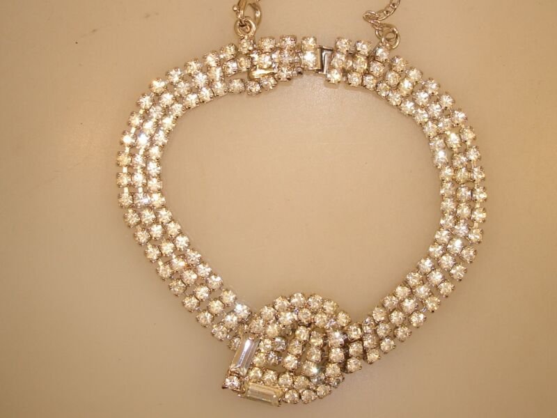 Vintage rhinestone bracelet with three rows of teardrop-shaped rhinestones, circa 1960s