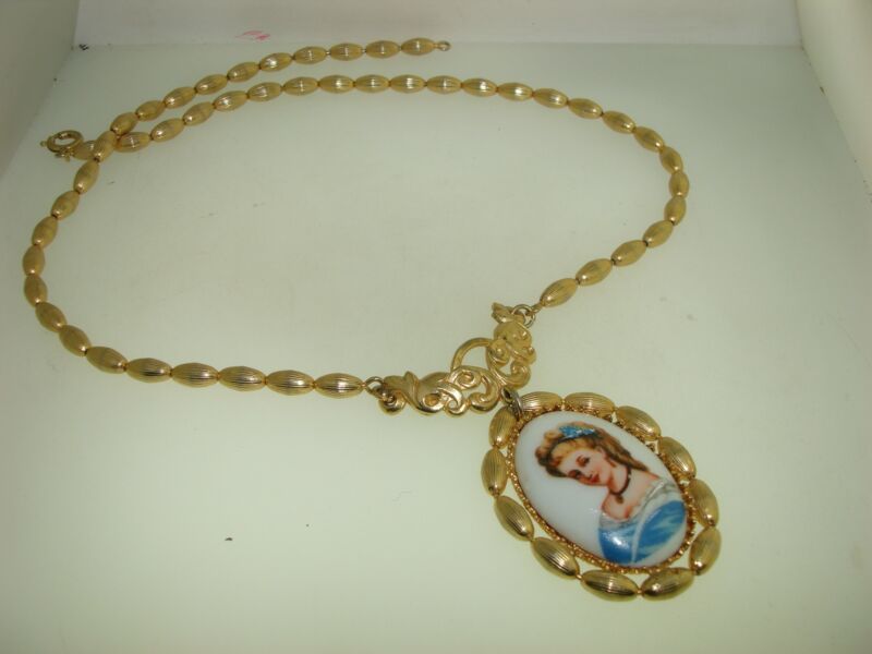 Vintage 1960s Limoges Porcelain Pendant Necklace with Hand-Painted Art Nouveau Lady