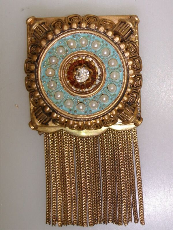 Antique Gold Wash Egyptian Revival Pin Brooch – Enamel, Faux Pearl & Fringe