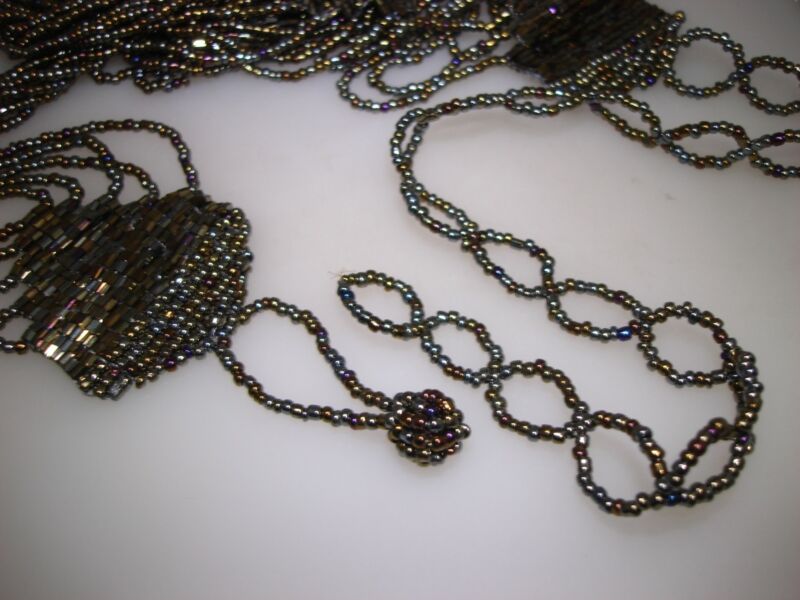 Vintage Art Deco woven black seed bead belt with iridescent glass beads, adjustable to 44 inches
