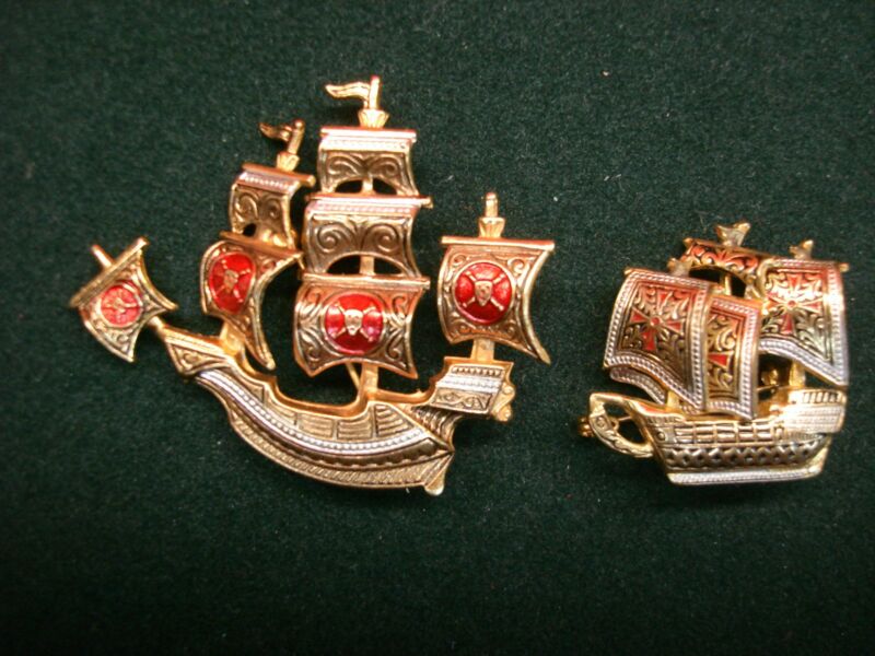 Vintage Spanish ship pins - pirate & colonial design - damascened enamel