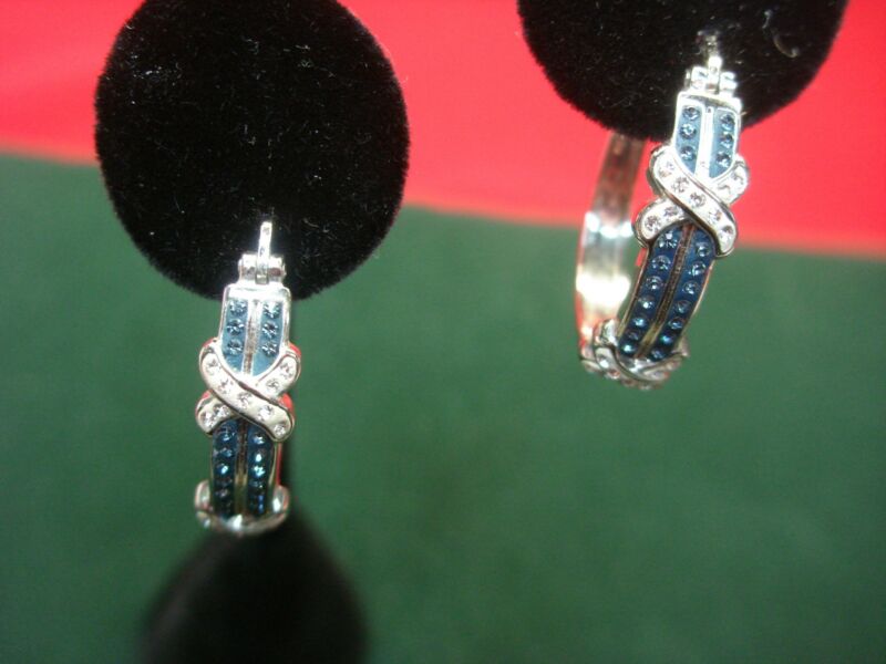 Sterling silver blue and clear cubic zirconia hoop earrings