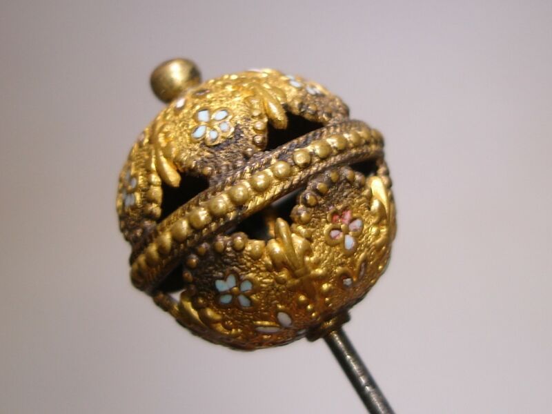Antique Art Nouveau gold gilded fleur-de-lis hat pin with blue enamel forget-me-nots