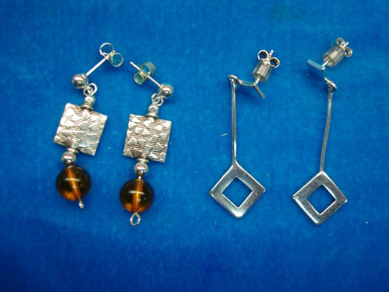 Handcrafted sterling silver dangle earrings (2 pairs) with amber and solid silver designs