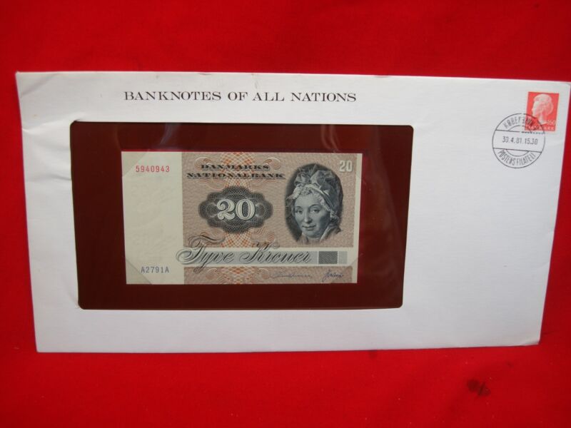 1981 Denmark 20 Kroner coin in UNC condition, displayed in a sealed envelope with a postal cancel stamp.