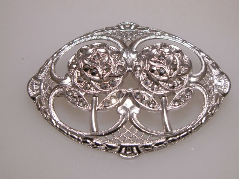 Vintage sterling silver filigree and marcasite rose pin/brooch