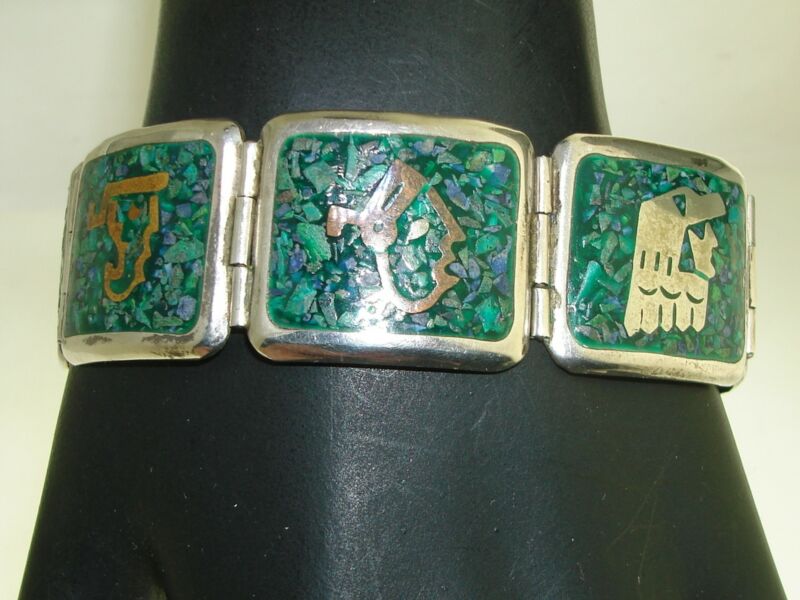 Vintage Sterling Silver Taxco Bracelet w/ Turquoise Inlay & Aztec Design #3