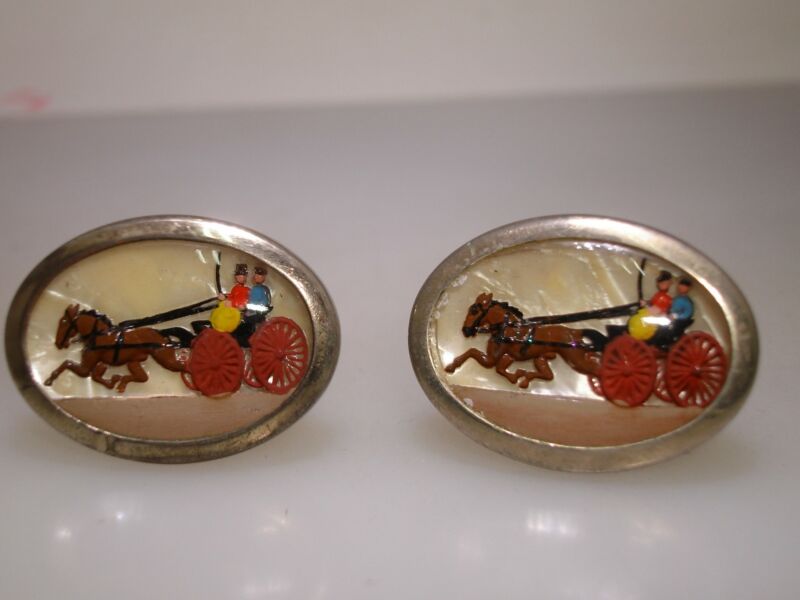 Vintage reverse carved glass cufflinks with a hand-painted horse and buggy scene.