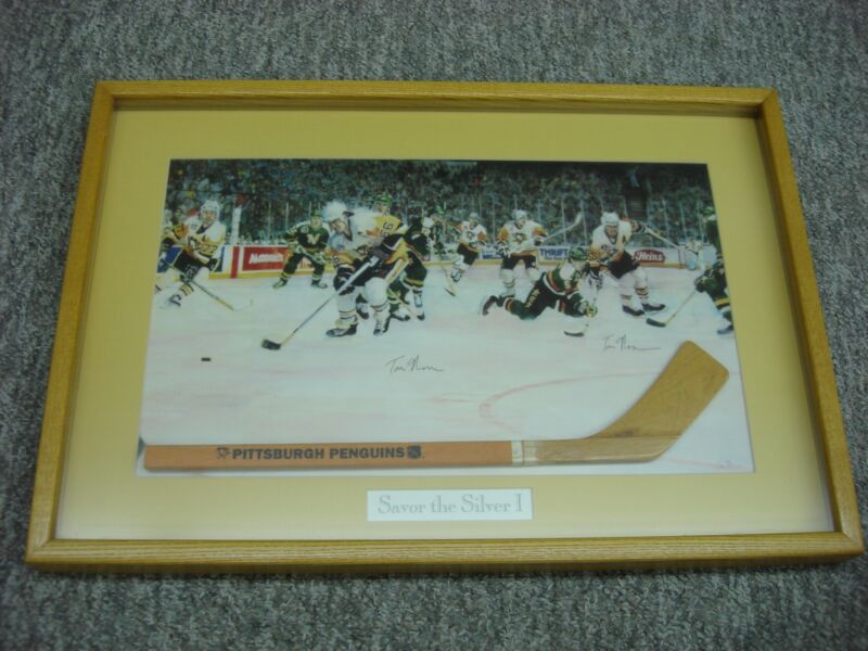Framed Tom Mosser print and Mario Lemieux signed Penguins stick