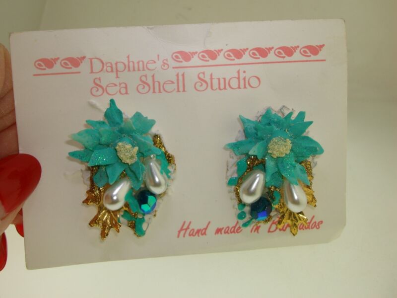 Vintage Daphne's Sea Shell Studio Earrings - Handmade Aqua & Pearl, New Old Stock