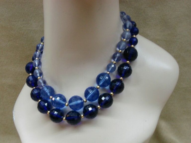 Vintage blue lucite choker necklace, two-strand with faceted beads
