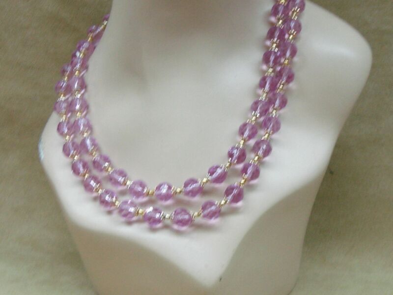 Vintage 1960s Hong Kong Lucite Bead Necklace - Lavender, Two-Strand, Gold Accents