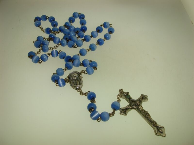 Vintage Italian rosary with iridescent blue cat's eye beads and silver accents