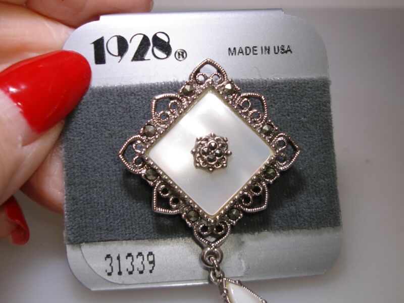 Vintage 1980s Mother of Pearl & Marcasite Pin - New Old Stock (NOS)