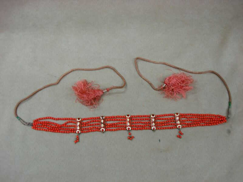 Vintage estate coral bead belt with enamel panels