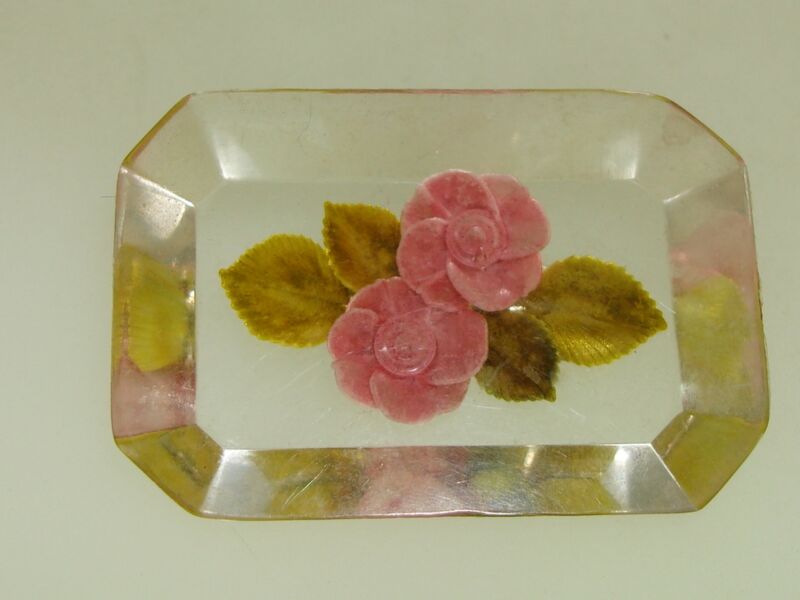 Vintage 1950s Lucite Floral Pin - Reverse Carved Pink & Green Design