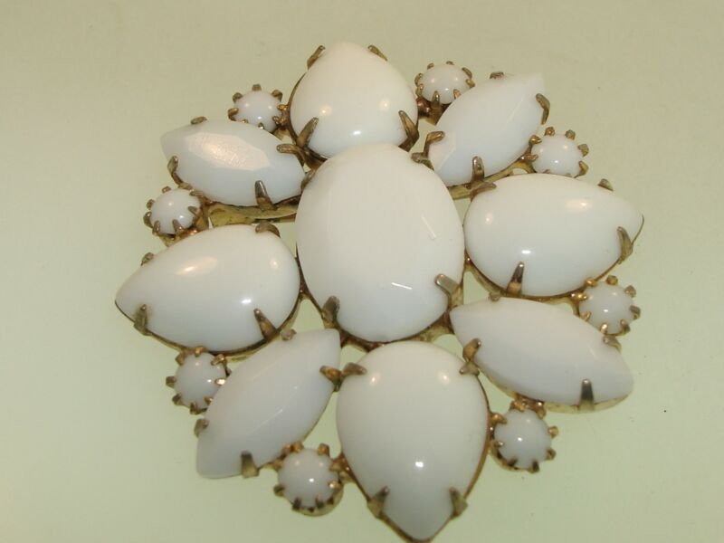 Vintage 1960s white milk glass faceted pin with gold-tone metal and multi-shaped gemstones