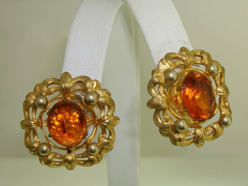 Antique Art Nouveau Filigree Earrings with Amber Glass