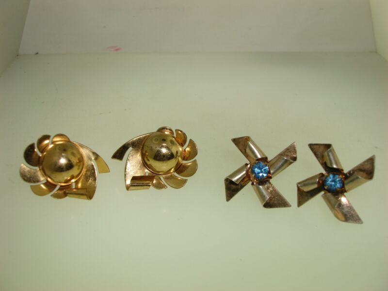 Vintage 1930s-40s gold washed sterling earrings (2 pairs) - pinwheel and curled arms