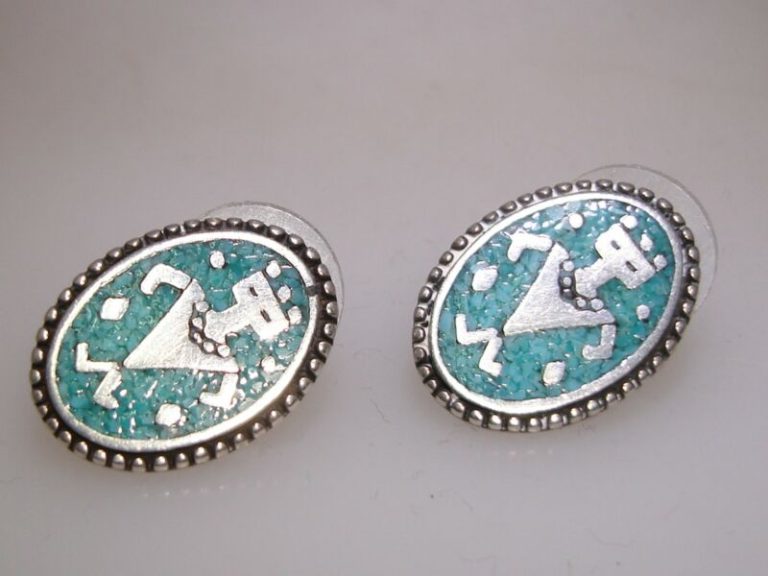 Vintage sterling silver earrings from Mexico with turquoise Aztec inlay