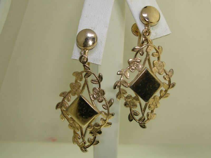 Vintage 1940s gold-tone filigree forget-me-not dangle earrings