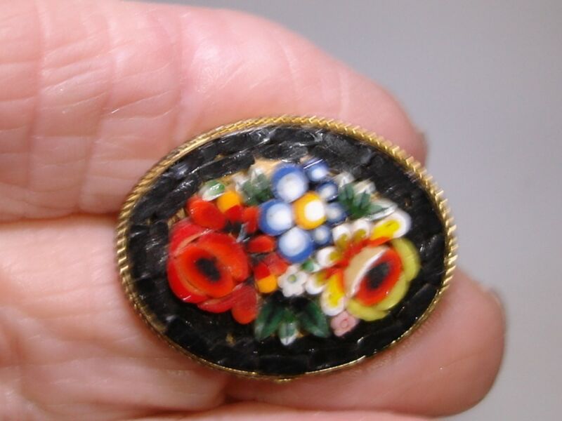 Vintage Italian gold-washed floral micro mosaic brooch pin