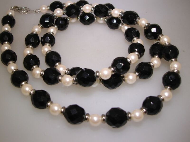 Vintage silver and black glass bead necklace with faux pearls, filigree clasp