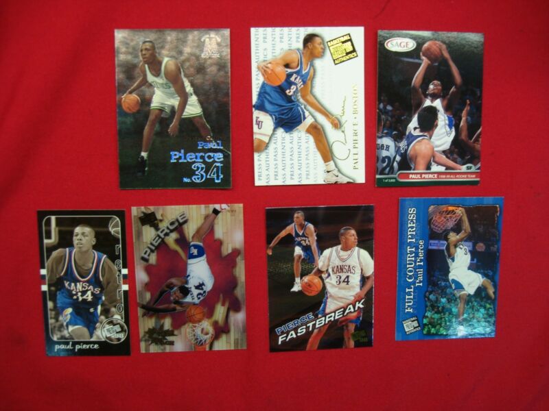 Paul Pierce rookie card lot of 7 cards, including Kansas Jayhawks and iconic moments