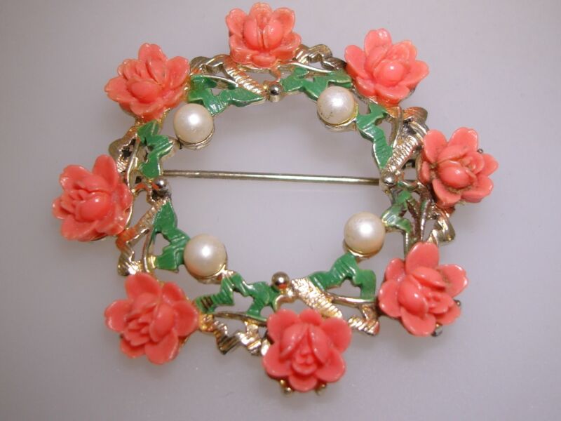 Vintage 1950s Lucite Rose & Pearl Pin Brooch | Gold Tone Enamel Floral Statement