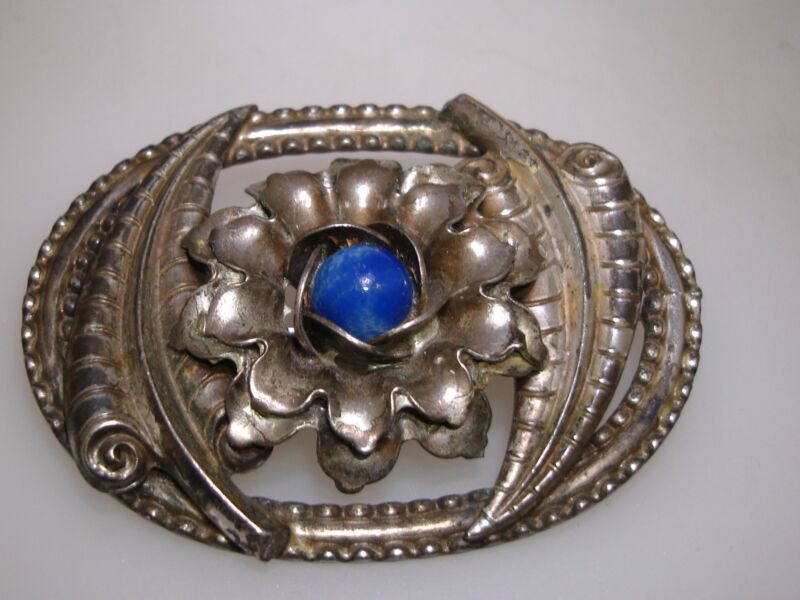 Antique Art Nouveau Silver Washed Floral Brooch with Blue Glass Bead